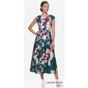 Calvin Klein Green Tropical Floral Scuba Midi Dress Belt A-Line Fit Flare Size 4
